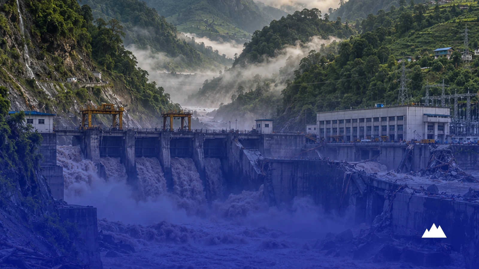 A hydropower dam discharging heavy sediment-laden water through its spillway gates in a forested mountain gorge